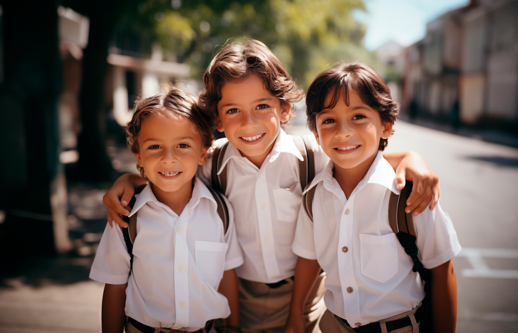 Tres niños en la entrada del colegio
